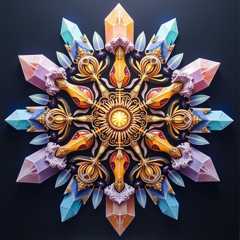 Golden Crystal Mandala in Oil Painting Style