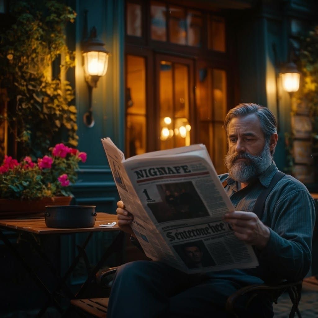 Geologist Relaxing Outside Nightcafé in Cinematic Style