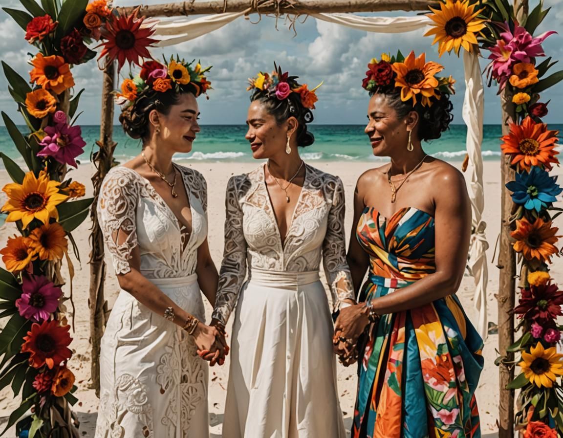 Art by Frida Kahlo, Jean-Michel Basquiat, a beachside lesbian wedding, the sand adorned with vibrant, hand-painted banne...