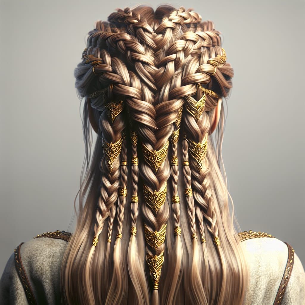 Warrior Woman's Braided Hairstyle with Golden Accents