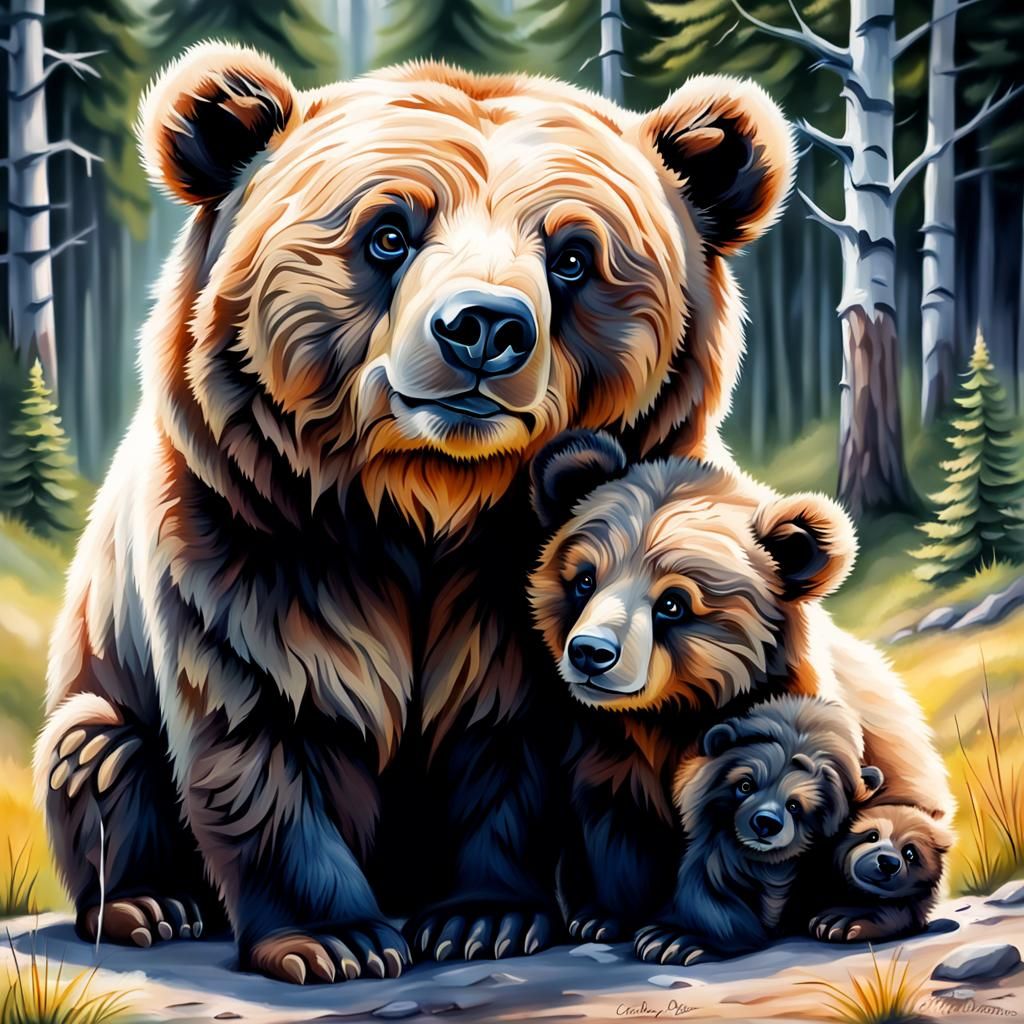 Fluffy Bear Cub with Mama Bear: Airbrush Art