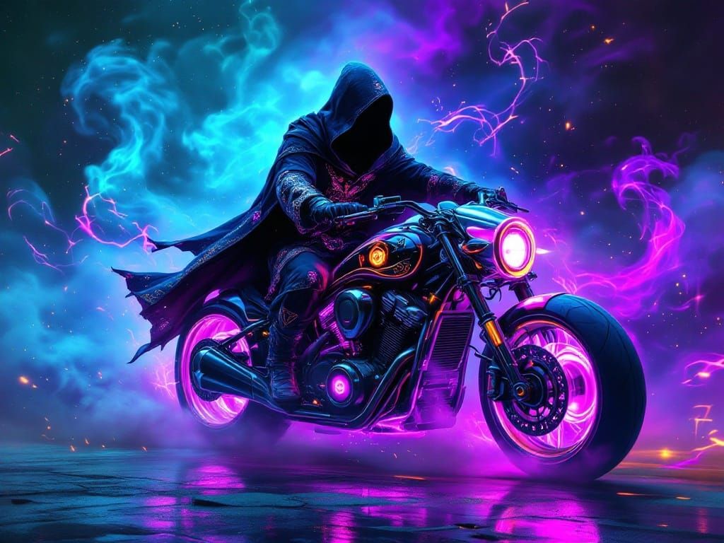 Cyberpunk Wizard Rides Glowing Motorcycle in Mysterious Purp...