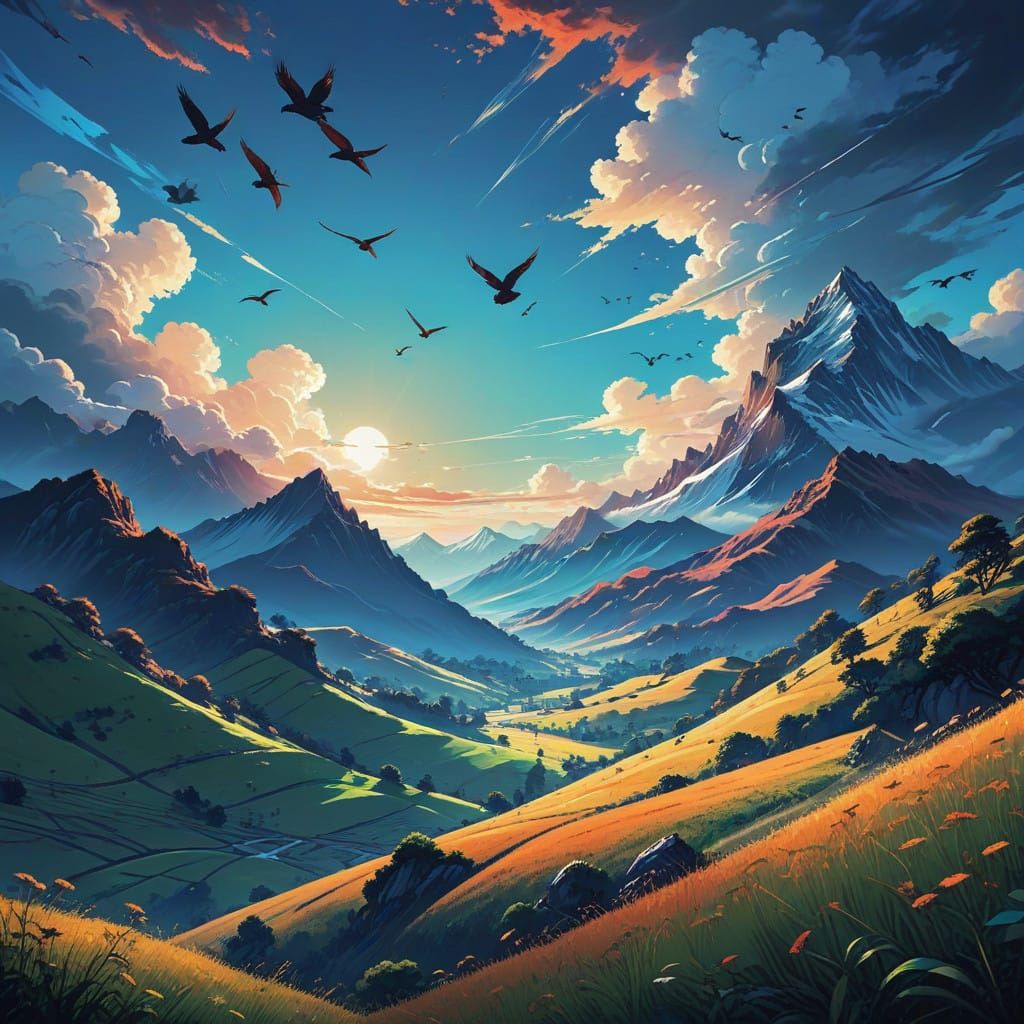 Vibrant Manga Landscape with Rolling Hills and Majestic Moun...