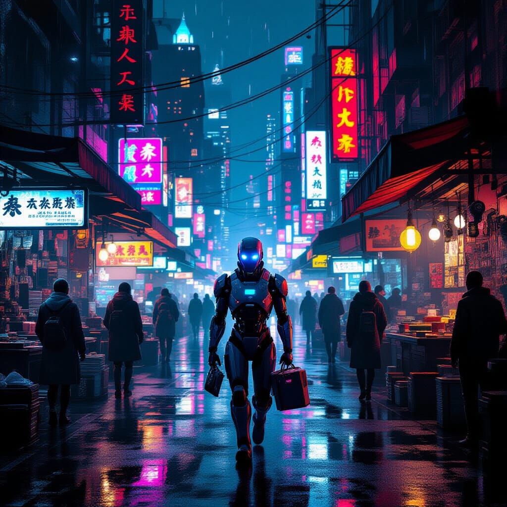 Cyberpunk Market Night Scene with Lone Android