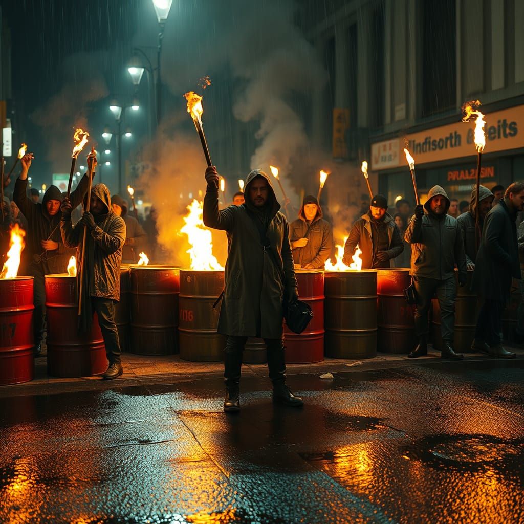 Barricade at Night: Dystopian Torchlight Protest