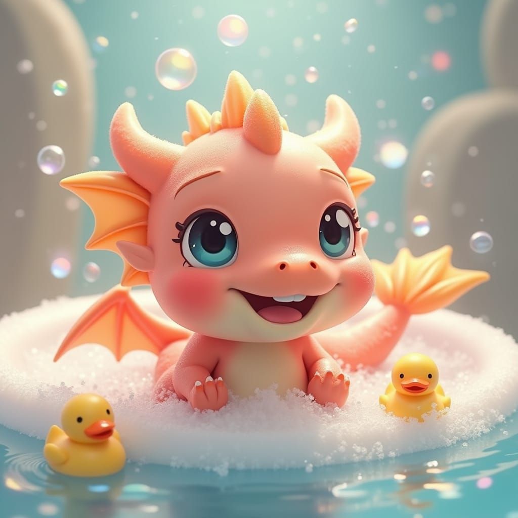 Chubby Chibi Dragon Soaks in Whimsical Bubble Bath Wonderlan...