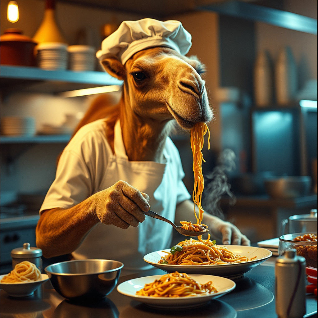 Camel Chef Cooks Spaghetti: A Cinematic Still