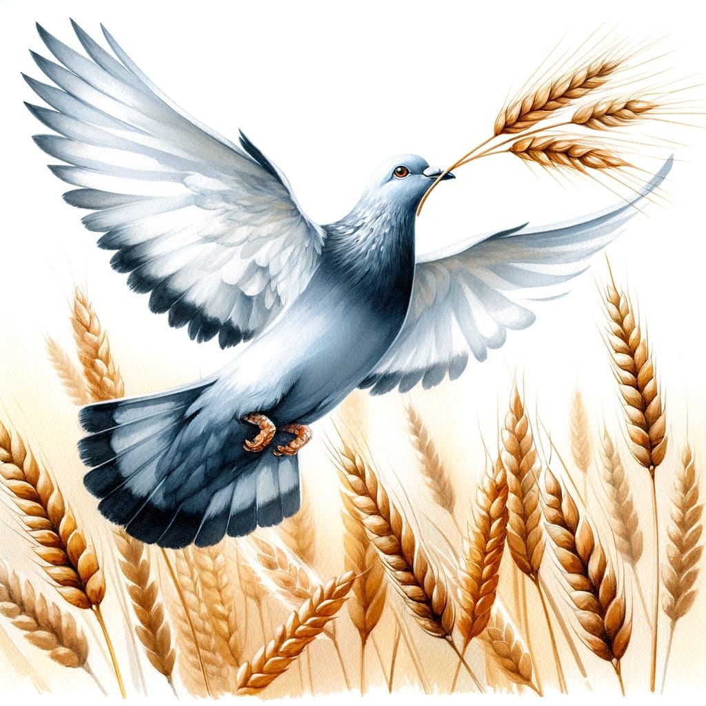 Pigeon Flies Upward with Wheat Stalk in Watercolor Style