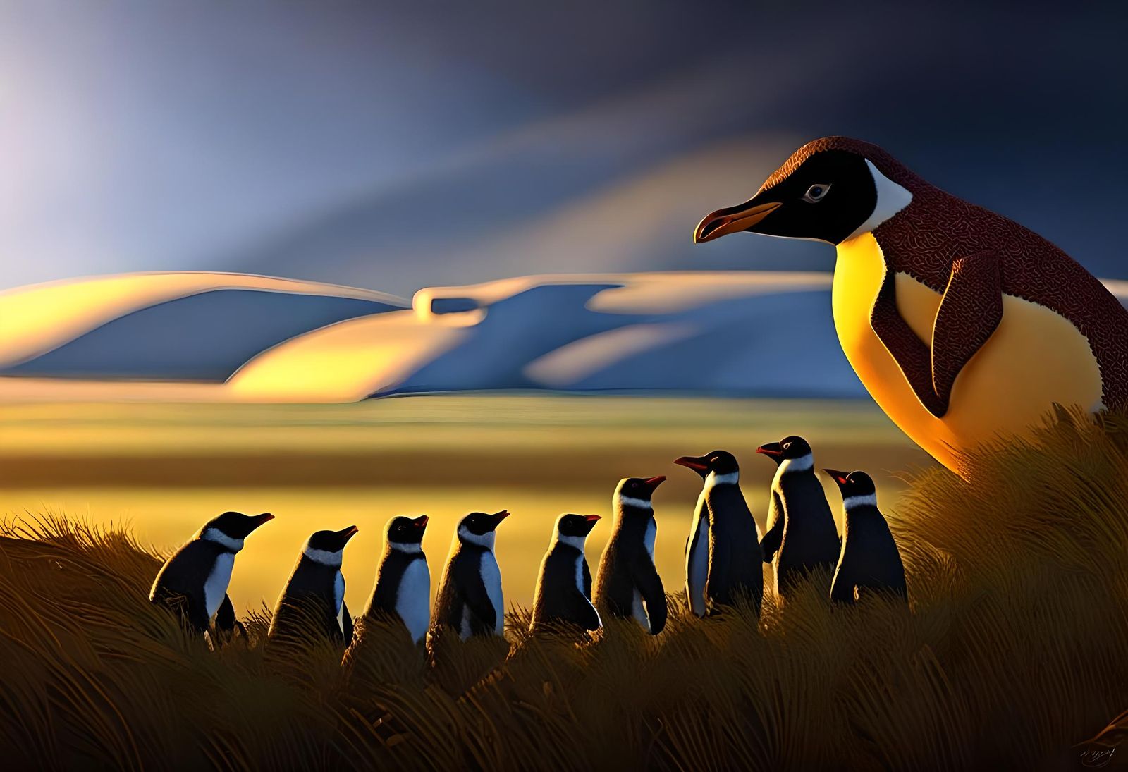 Cute Penguins in Winter Scene with Brocade Texture