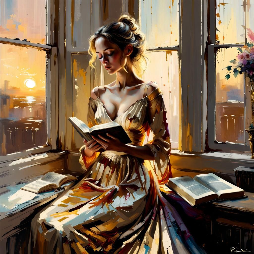 Woman Reading in Golden Light: Matte Painting