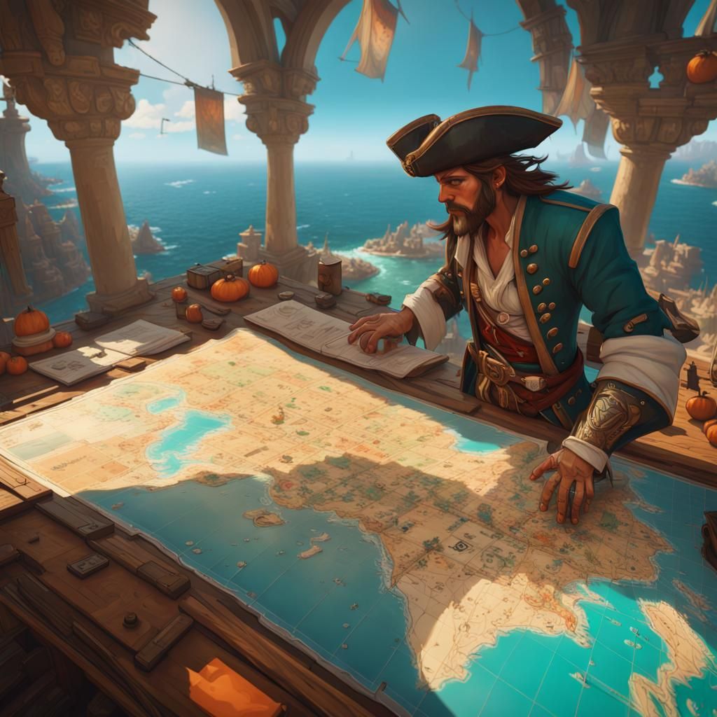 Pirate Seeks Treasure with Map, Hyperdetailed Art