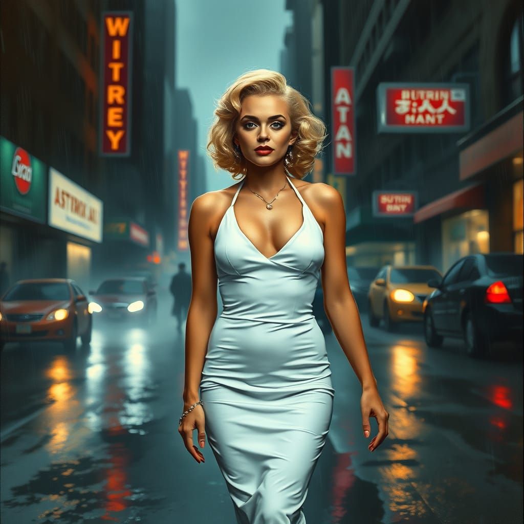 Marilyn Monroe in a 1950s Film Noir Cityscape