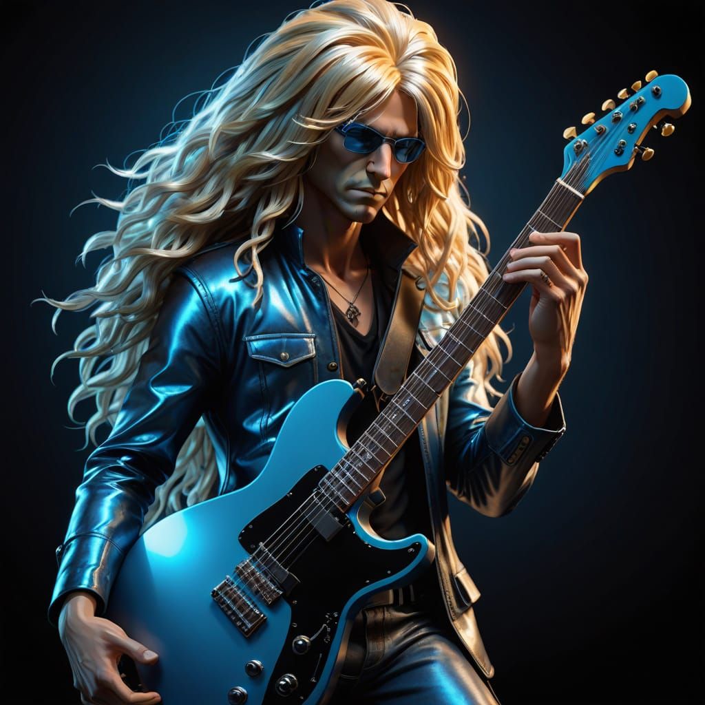 Anthropomorphic Guitar with Blond Wig: Digital Art