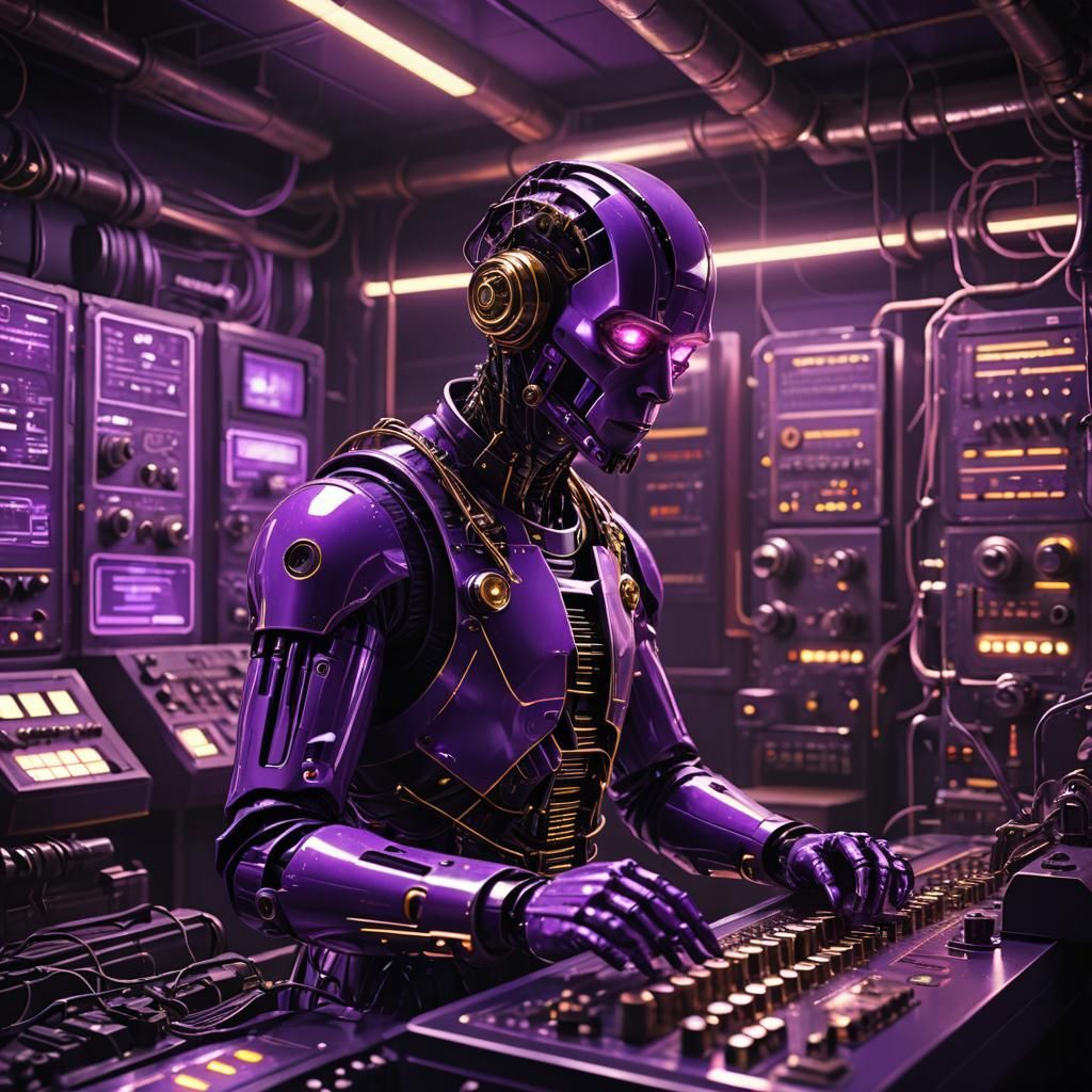 Purple humanoid male sending morse code using a morse key in right hand in radio room