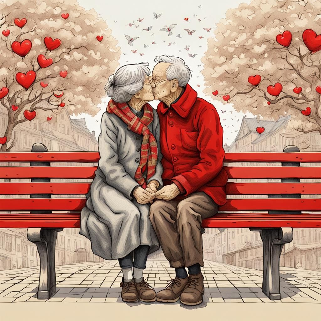 Anime Portrait of Grandparents Kissing on Bench