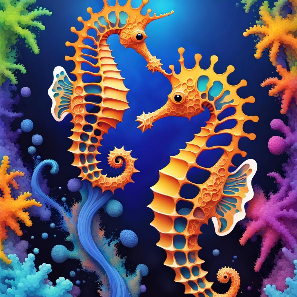 Seahorse in Reef: Neo-Primitivism Splatter Ink Art
