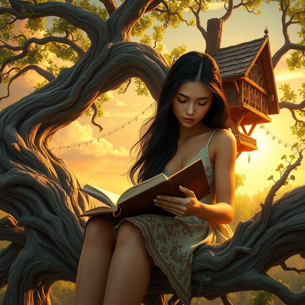 Serene Filipina Woman Reads in Whimsical Treehouse