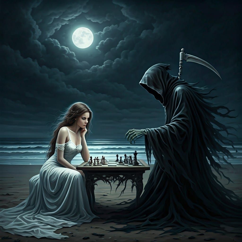 Chess Game with Death on a Moonlit Beach