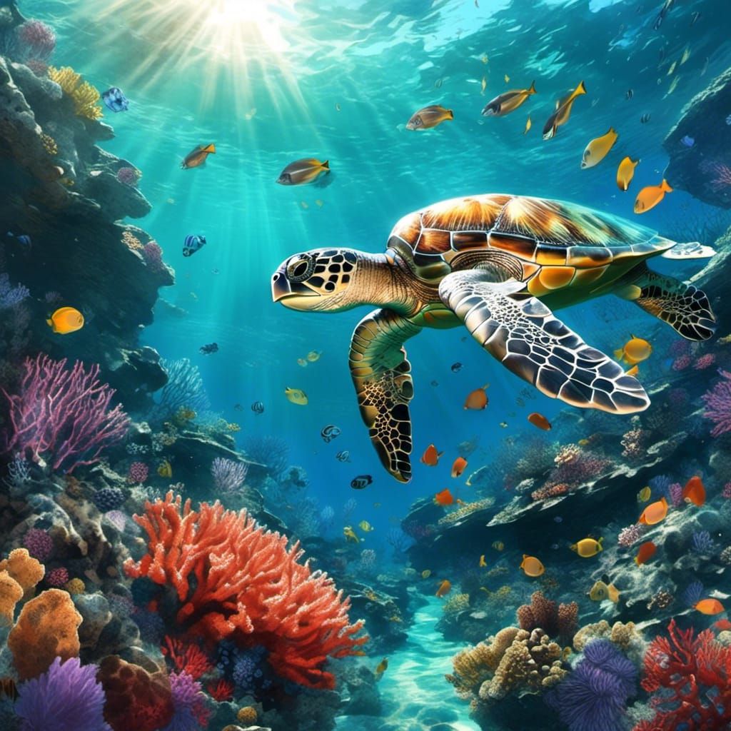 Iridescent Sea Turtle Swimming in Coral Reef, Anime Style