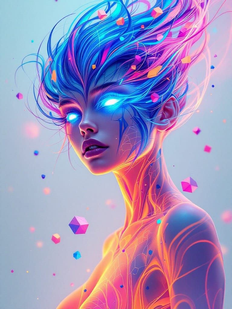 Ethereal Goddess in Vibrant, Celestial Abstraction