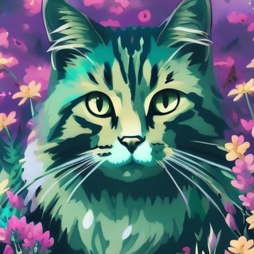 Cosmic Cat Portrait with Wildflowers in Anime Style