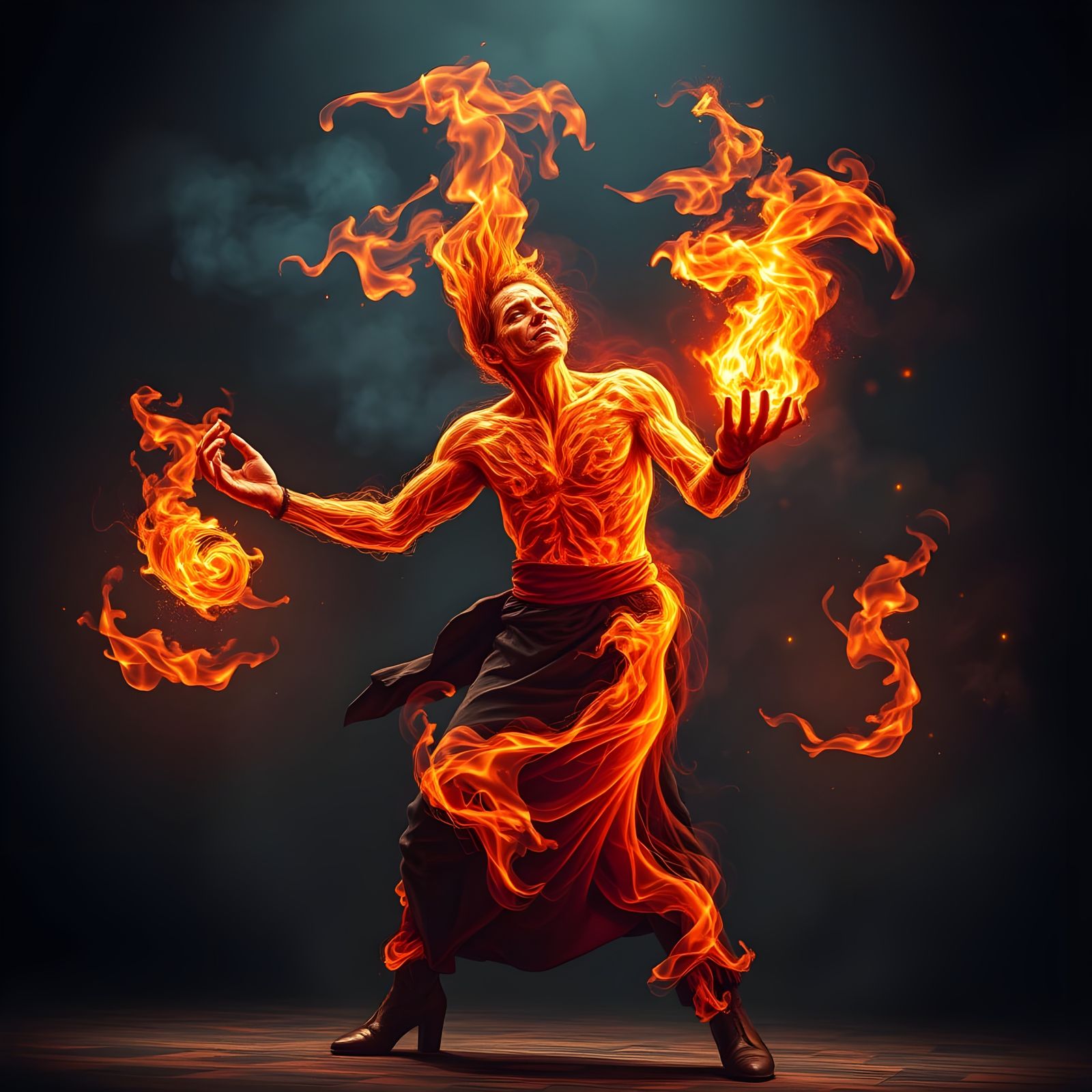 Fiery Juggler in Dark Arena Digital Painting