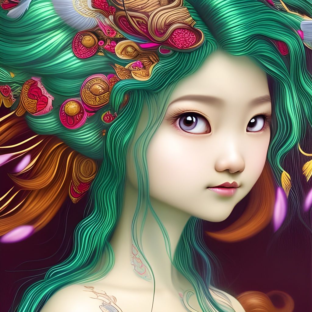 Hmong Girl with Green Hair in Art Nouveau Style