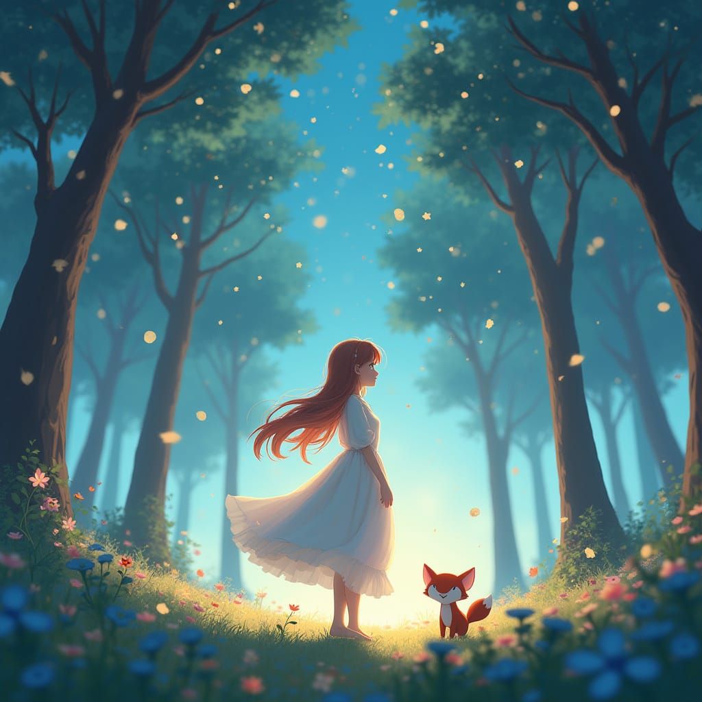 Enchanting Forest Scene with Girl in Anime Style