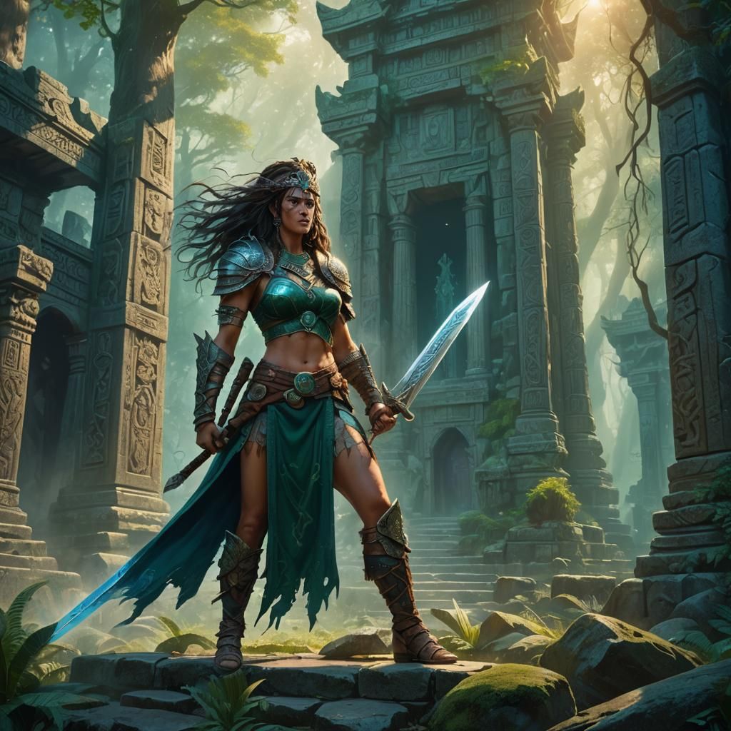 Barbarian Woman Guarding Ancient Temple in Mystic Forest