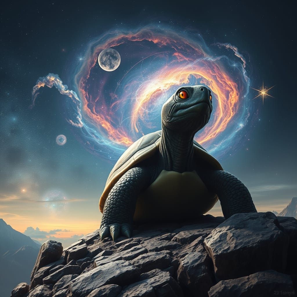 Cosmic Turtle Overlooking Nebula, Hyperrealistic Style