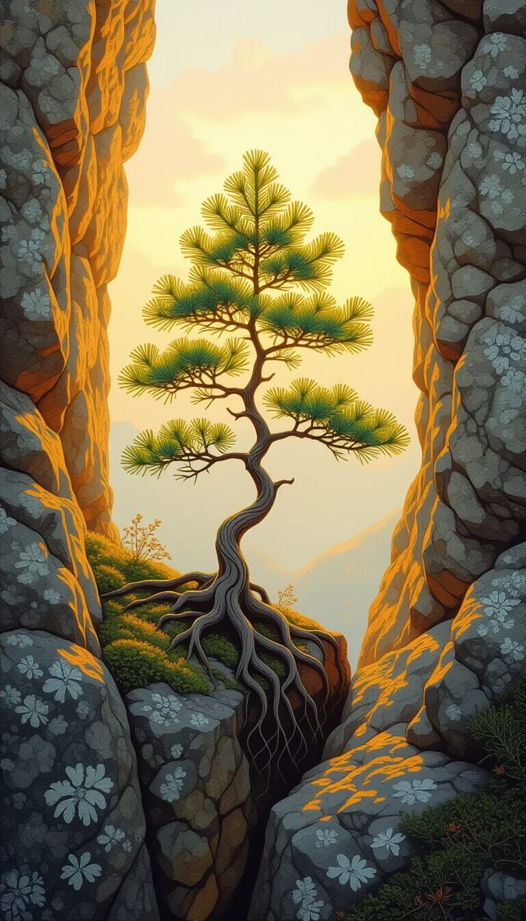 Resilient Pine Tree on Cliff in Pre-Raphaelite Style