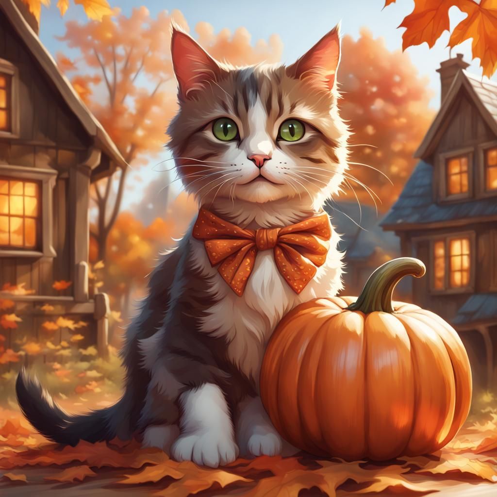 Cute Cat Plays with Pumpkin Cottage: Hyperdetailed Illustrat...