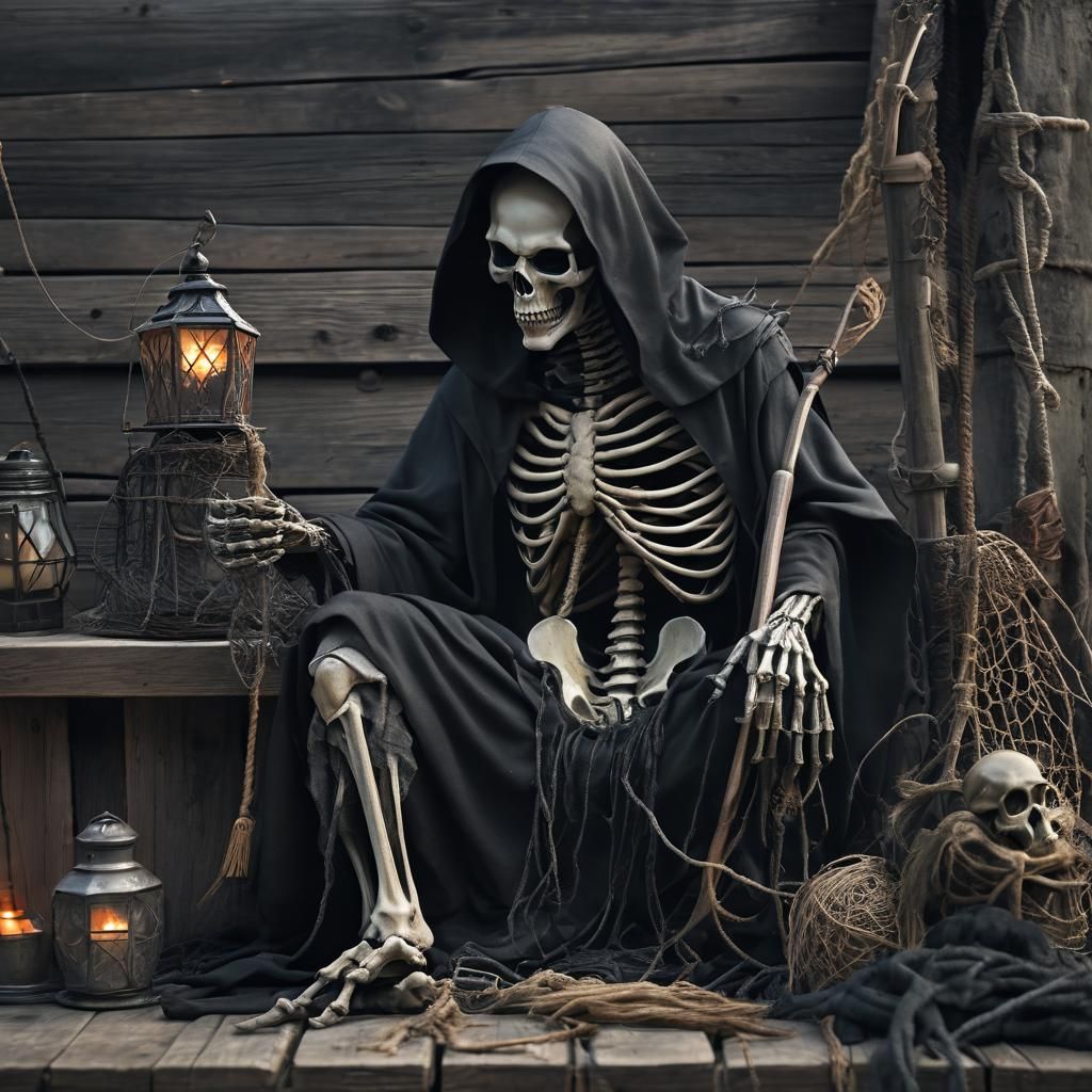 The Grim Reaper Fishing on a Dock