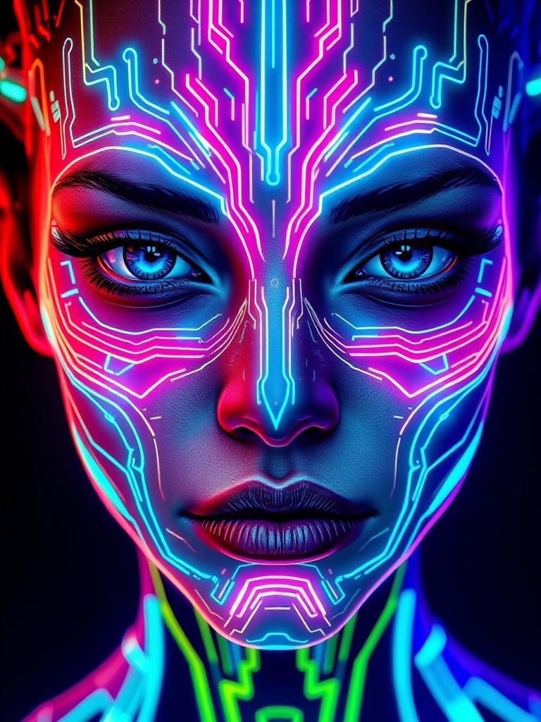 Alien Face with Neon Tech Patterns in Cyberpunk Style