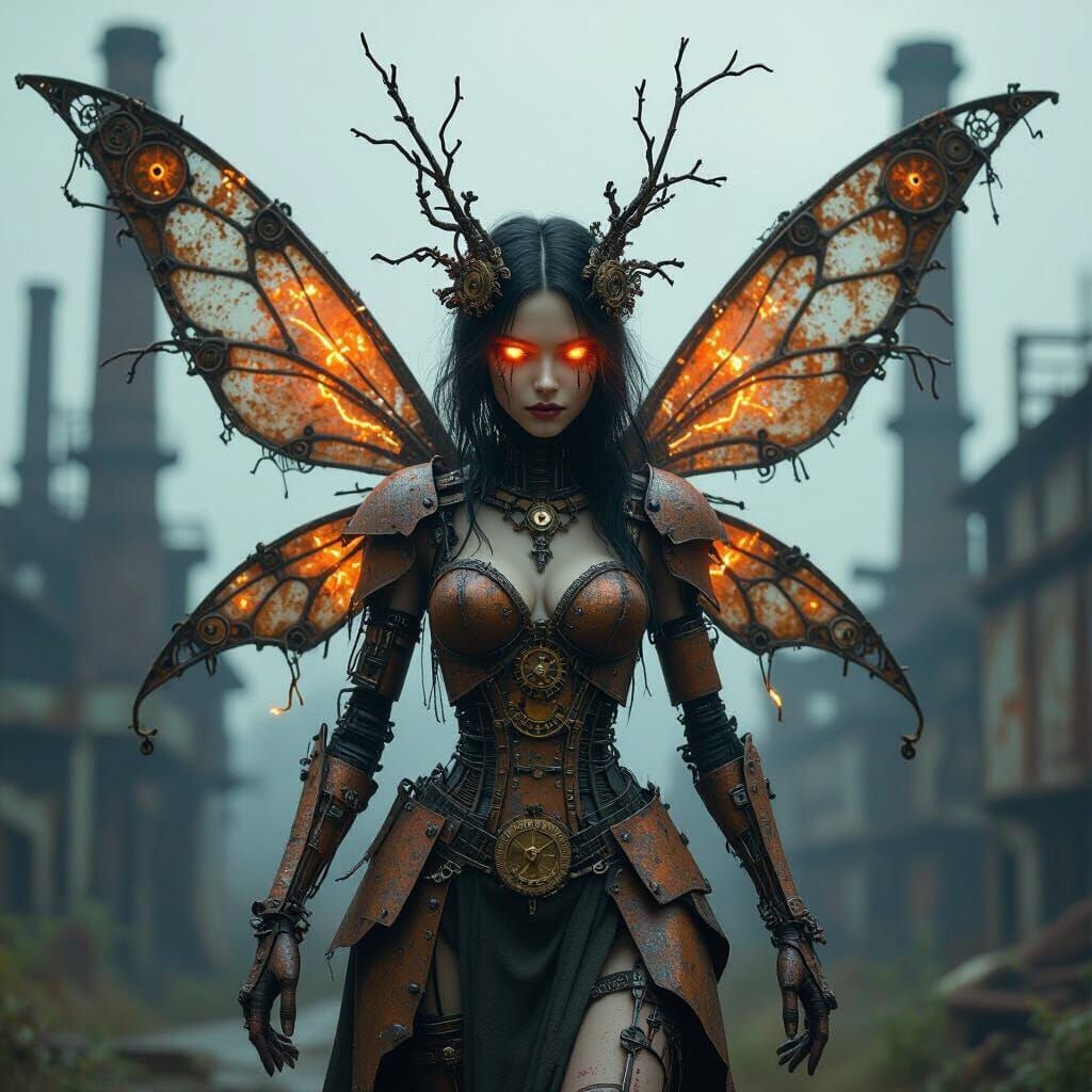 Cybernetic Fairy Near Dilapidated Factory in Hyperrealism