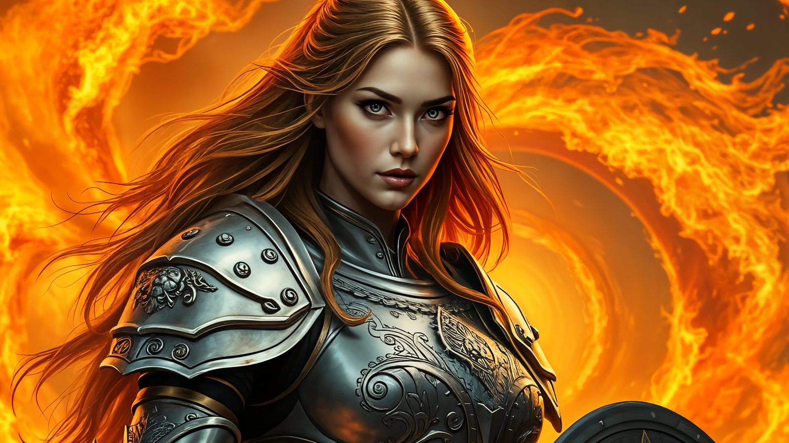 Silver Armored Female Warrior Standing Amidst Fiery Inferno