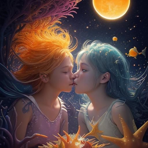 Sun and Moon's Underwater Dinner: Hyperrealistic Splash Art