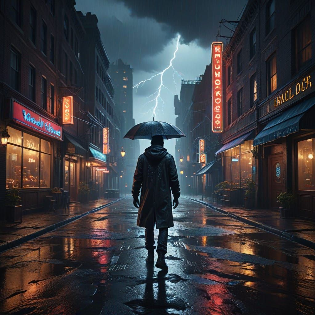 Rainy Cityscape in Vibrant Film Noir Style, with Intricate D...