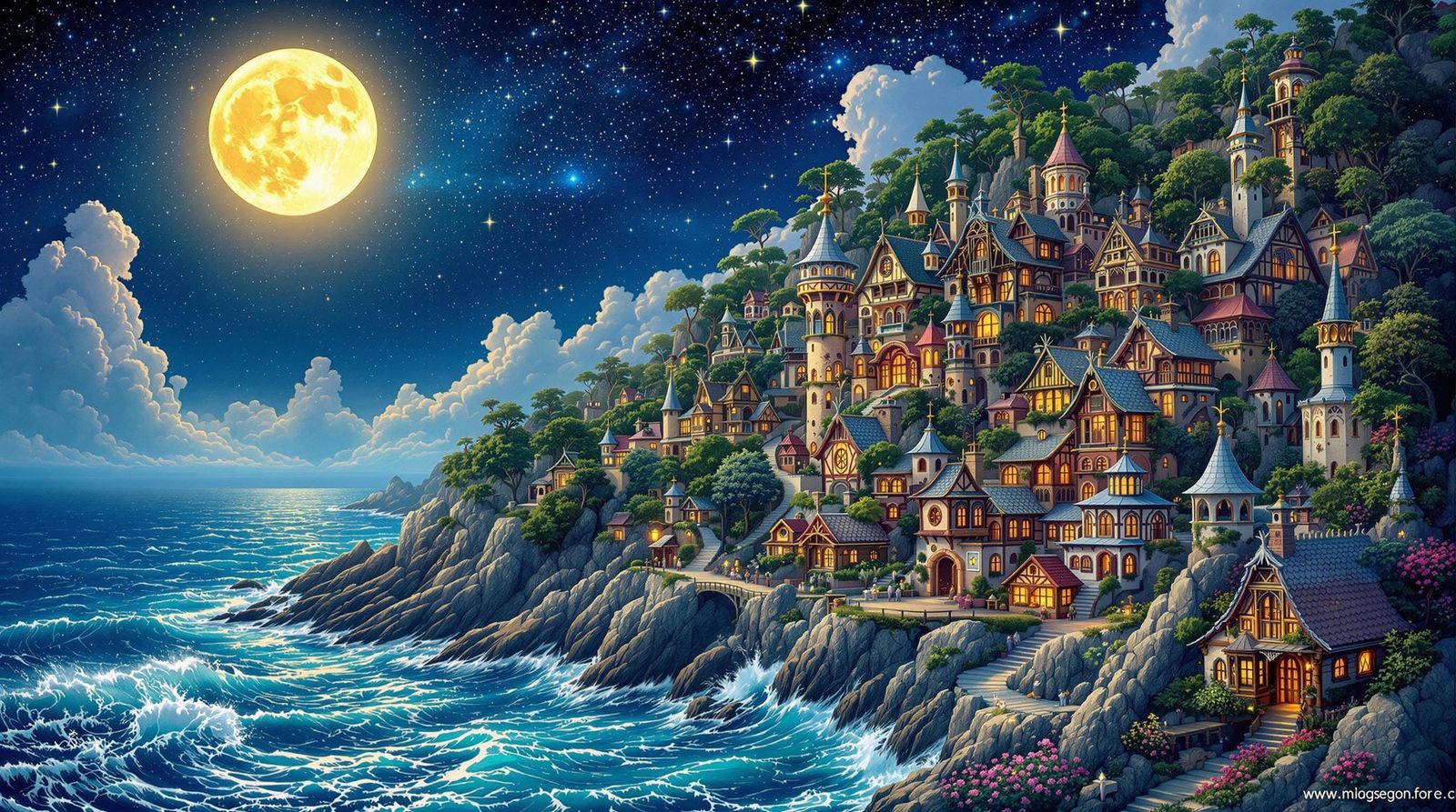 Mystical Seaside Village Under Celestial Sky