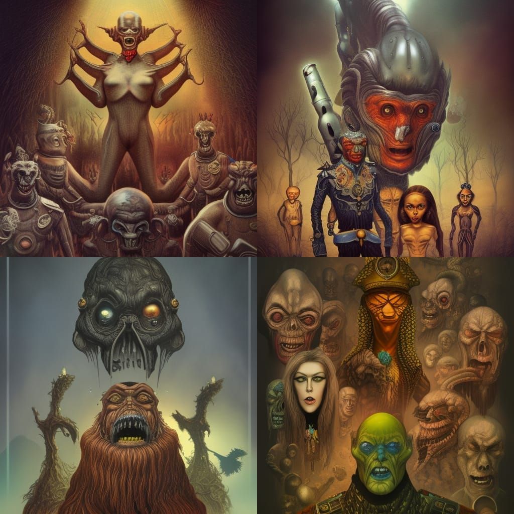 Sinister Dictator Family in Surreal Fantasy Landscape