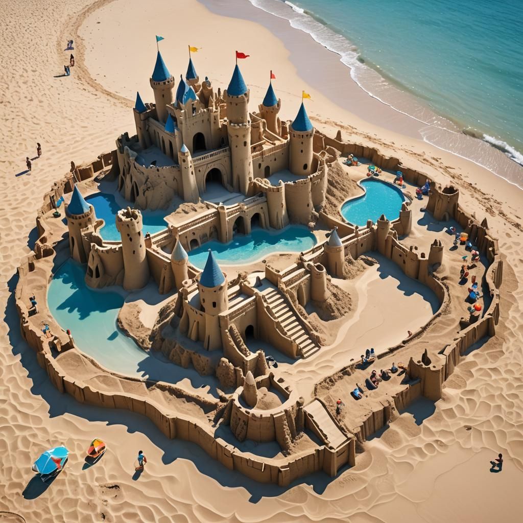 Make a beautiful beach with a clear pool where people are bu...