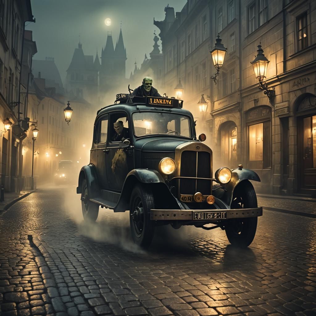 Frankenstein's Monster Drives Taxi in Prague, Dark Fantasy