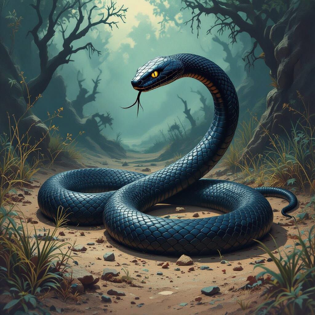 Black Mamba Coiled as Number 9 in Matte Painting Style