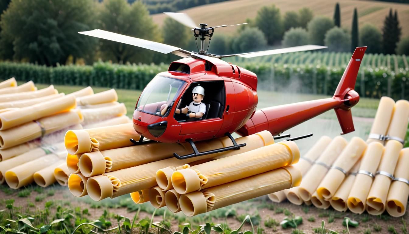 Pasta Helicopter Delivering Sauce Barrels
