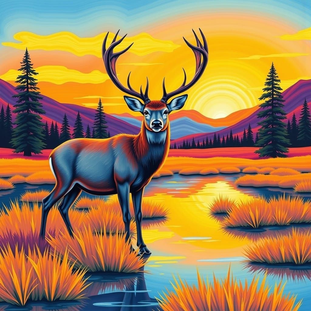 Deer Drinking in Lake Reeds: Sunset Watercolor Portrait