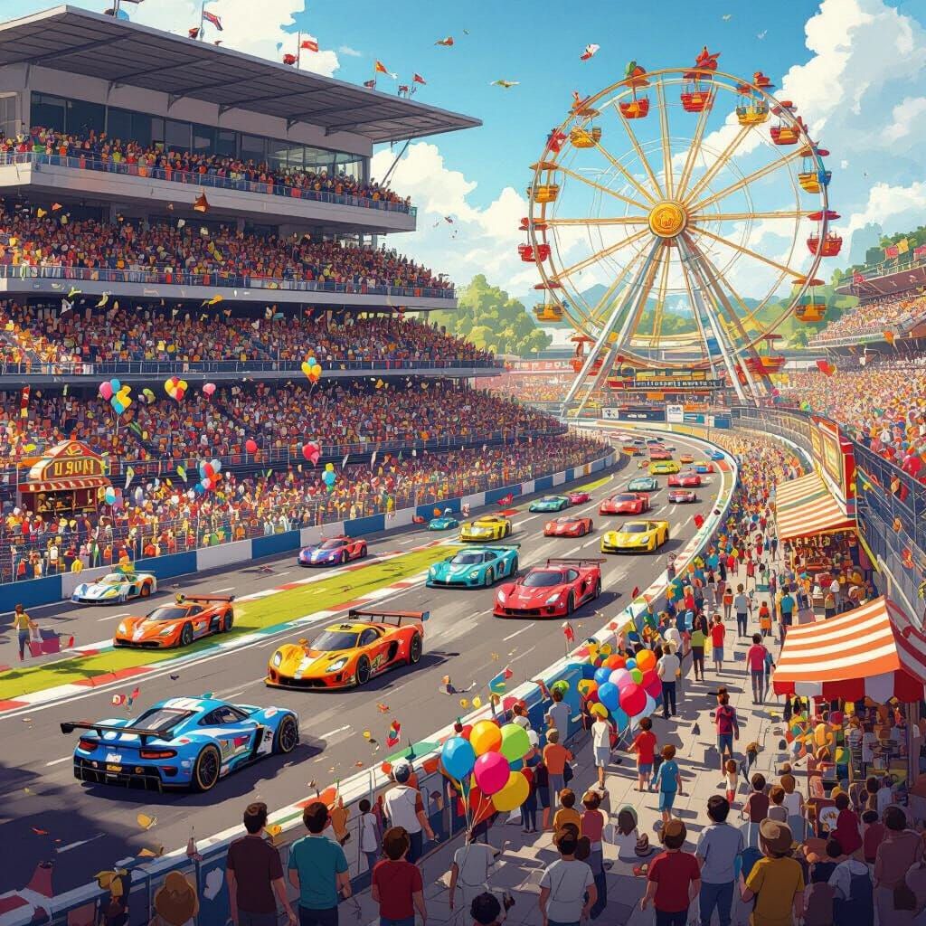 Hidden Object Race Scene in Energetic Cartoon Style