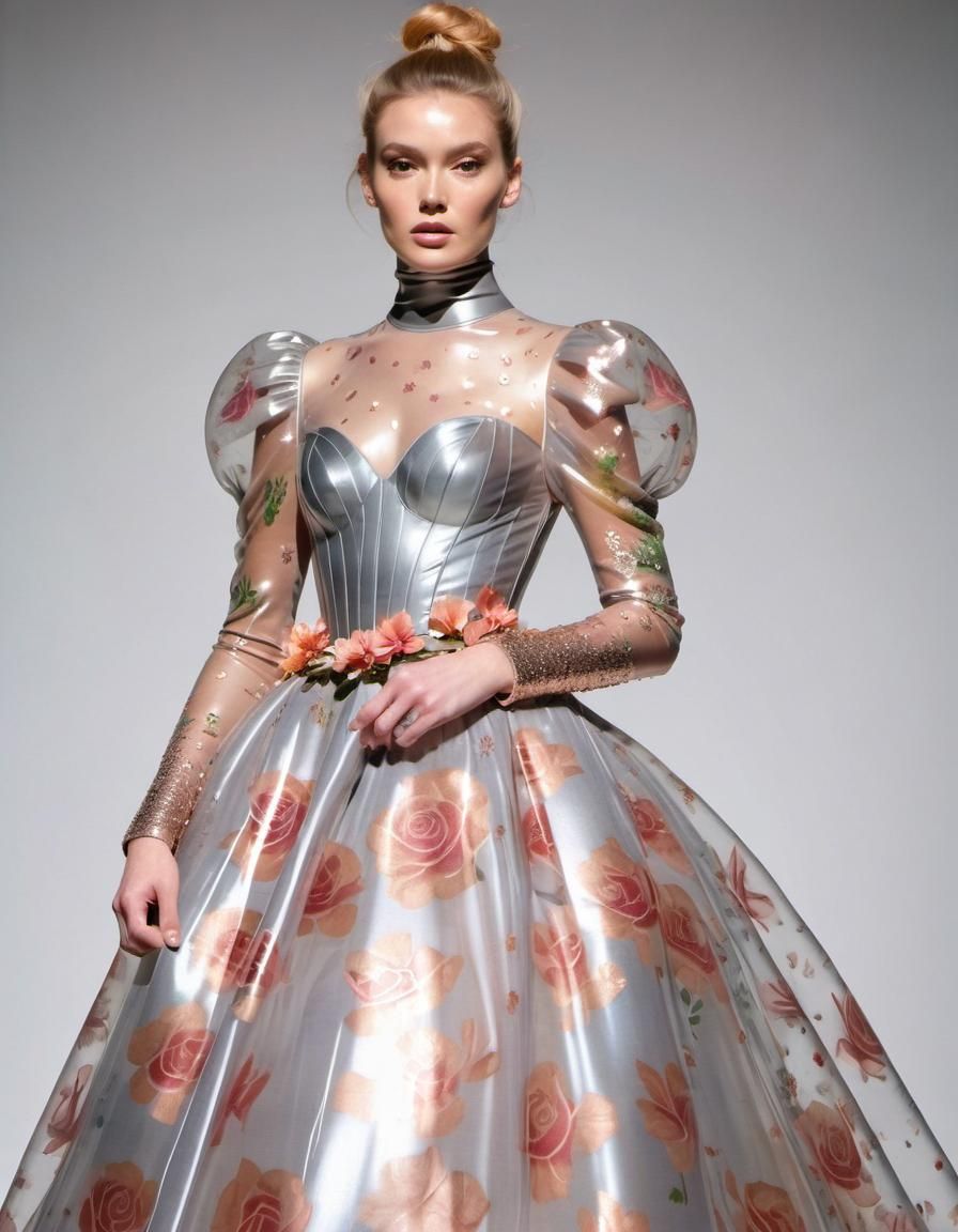 Woman in Translucent Floral Plastic Ballgown