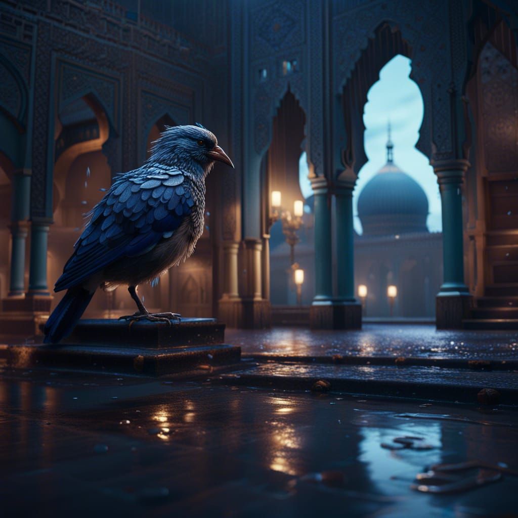 Hyperrealistic Bird at Mosque on Rainy Night