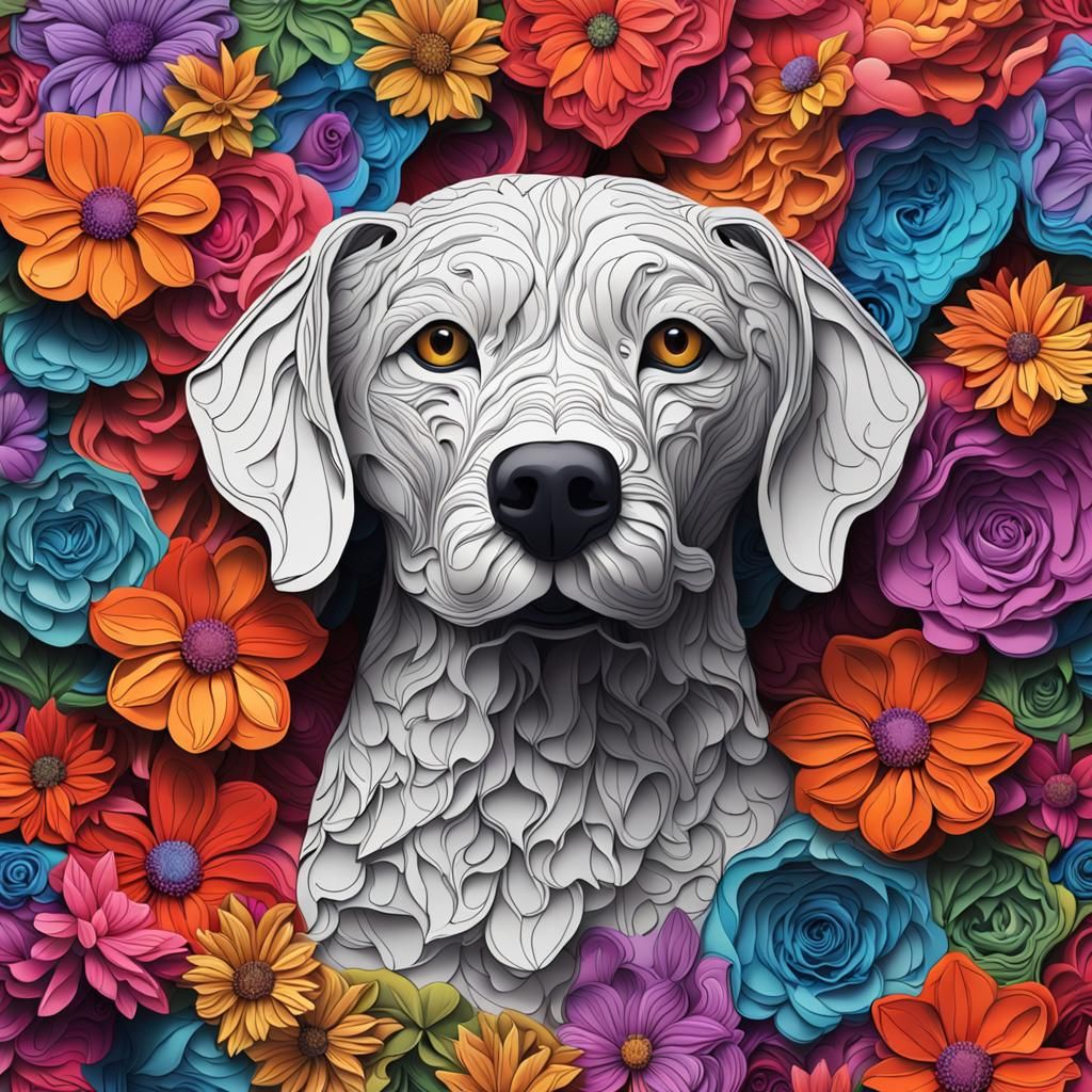 Vivid Dog Portrait in Kirigami Floral Style