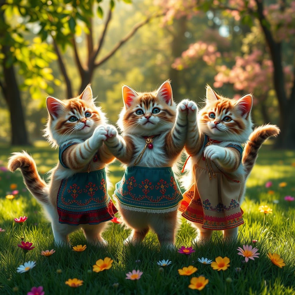 Cats Dance in a Joyful Circle, Folk Attire, Whimsical Celebr...